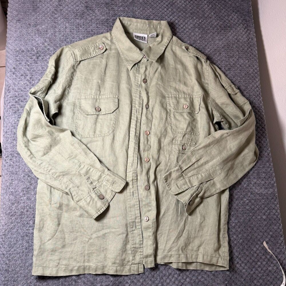 Vintage Chico’s Design Olive Green 100% Linen Safari Utility Button Shirt Size 2